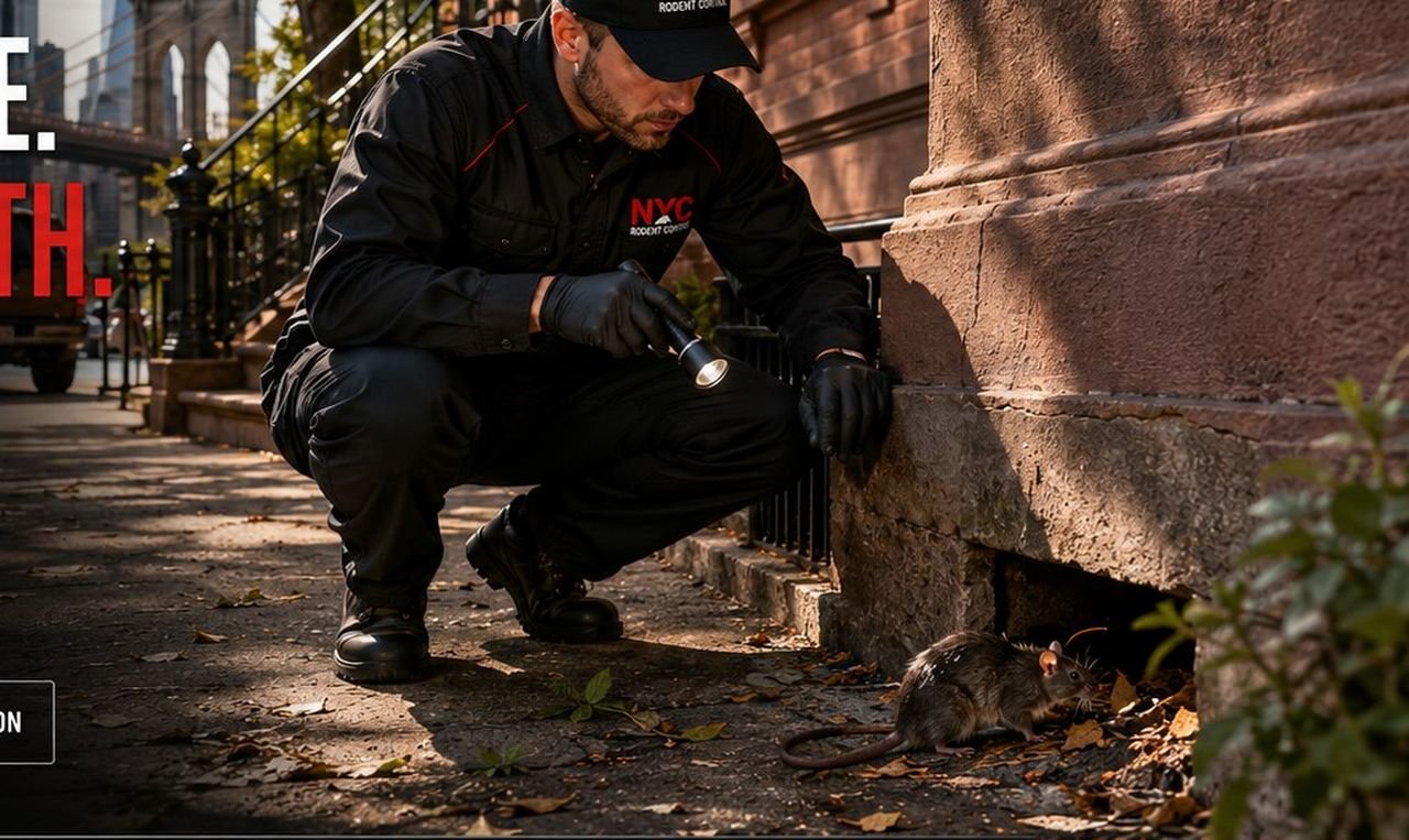 NYC Rodent Control technician inspecting a Brooklyn brownstone foundation
